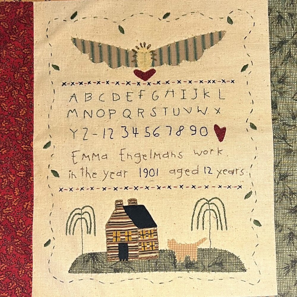 Hand Stitched Antique Needlework Sampler Reproduction Appliqué & Embroidery - Picture 2 of 16